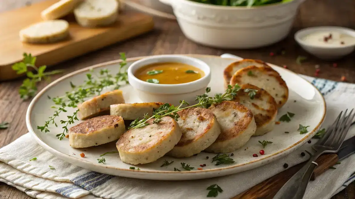 Slices of golden brown white pudding on a rustic wooden table with fresh herbs and dipping sauce.