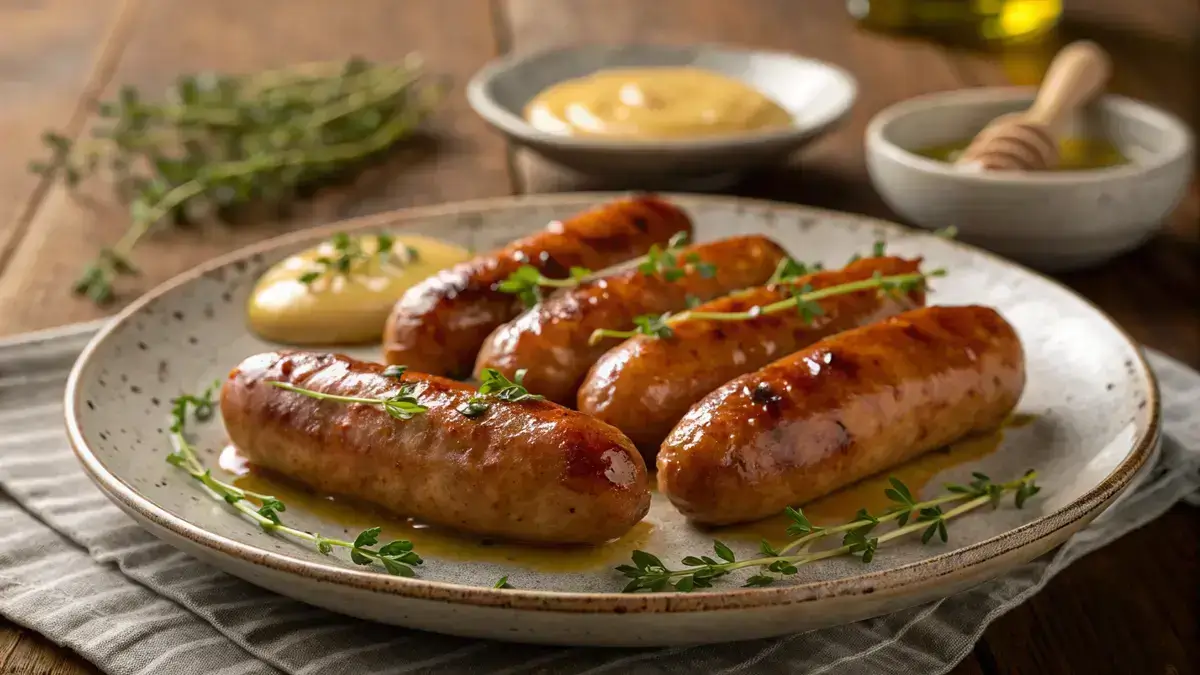 A plate of golden brown cocktail sausages glazed with honey-mustard sauce, garnished with herbs.