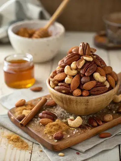 A close-up of a variety of honey roasted nuts on a wooden table, glistening with honey and sprinkled with cinnamon.