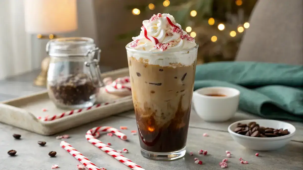 Iced peppermint latte in a tall glass with whipped cream and crushed candy canes on top.