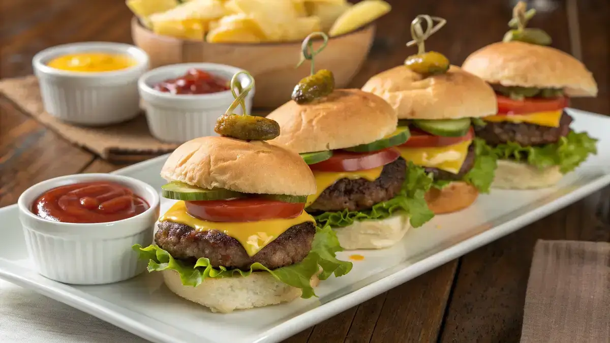 A plate of mini beef sliders with cheese, lettuce, tomato, and pickles, served with ketchup and mustard.