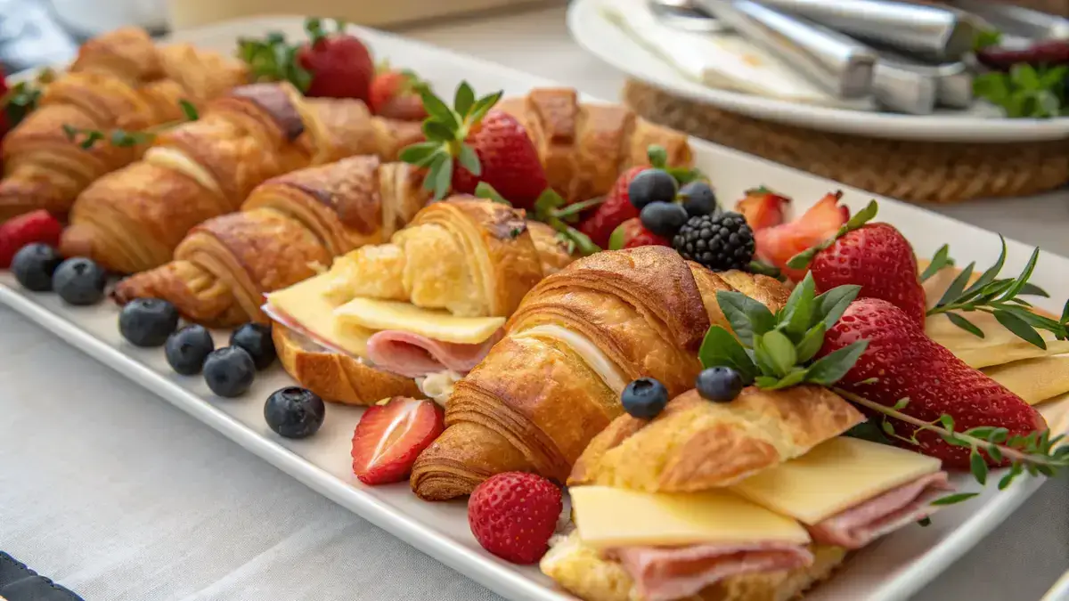 A mini croissant platter with various fillings and garnished with fresh fruits and herbs.