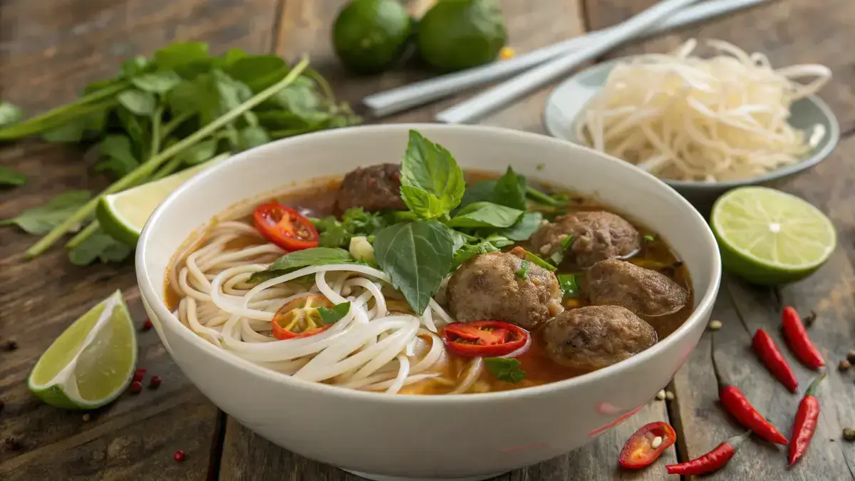 A bowl of pho meatballs with fresh herbs and lime on a wooden table.