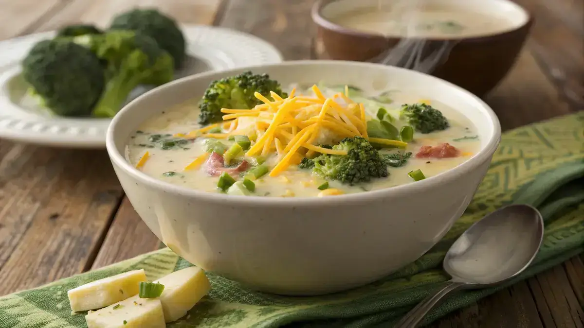 A bowl of creamy potato broccoli cheese soup topped with cheddar cheese and chives.