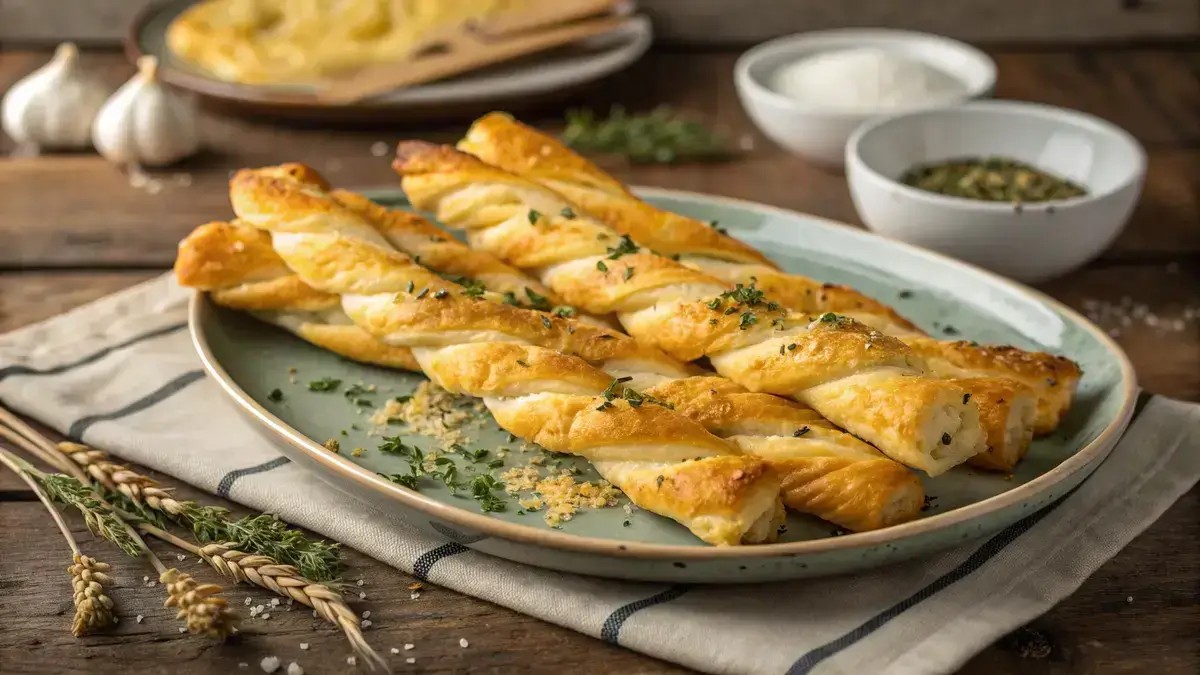 Plate of golden puff pastry cheese twists on a rustic wooden table.
