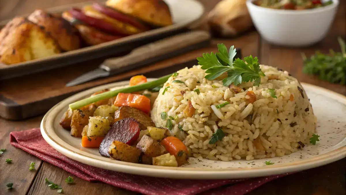 Plate of rice stuffing garnished with parsley and served with roasted vegetables.