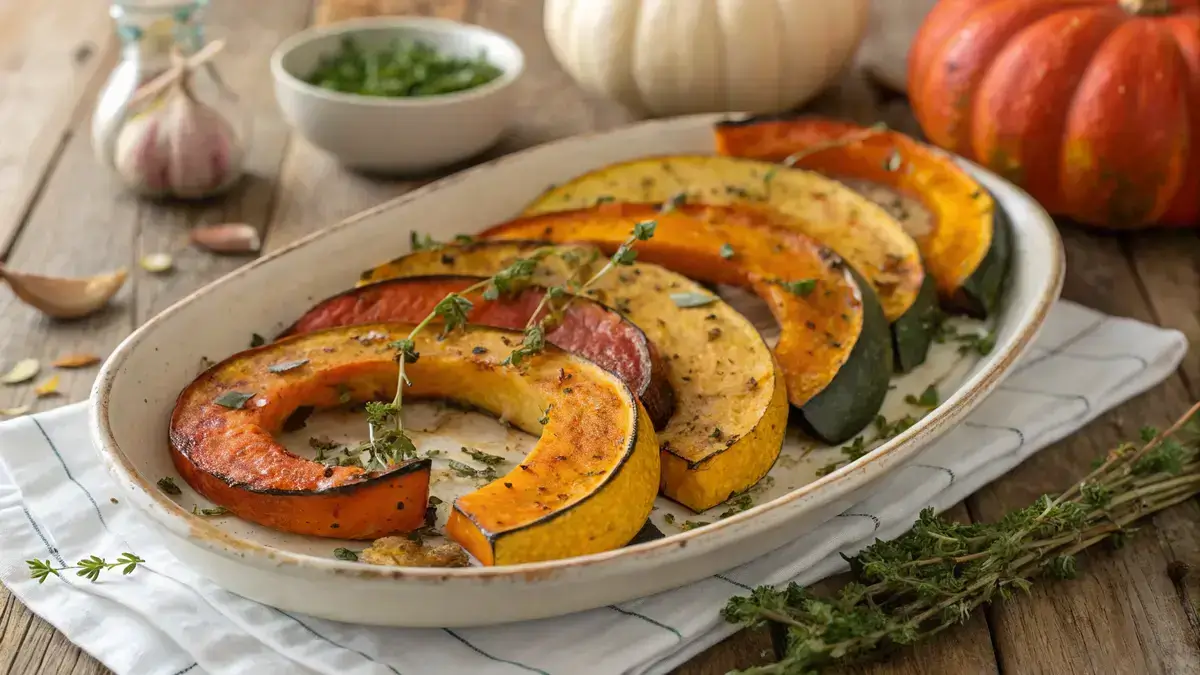 A platter of golden roasted squash slices seasoned with herbs and spices.