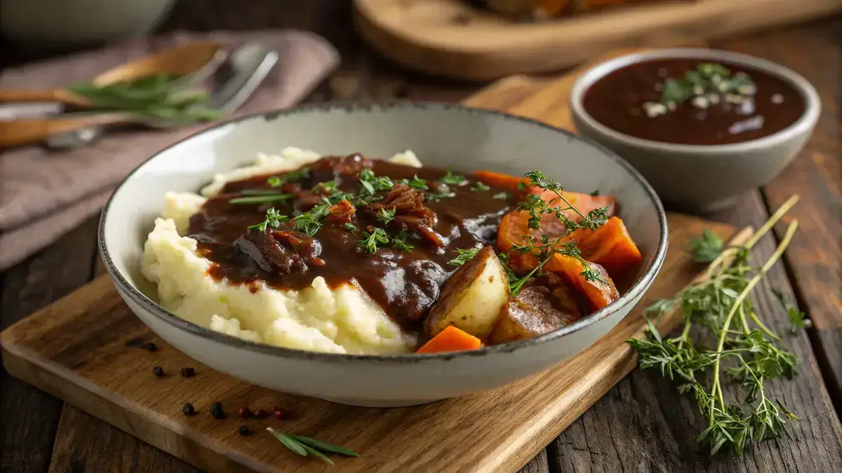 Bowl of vegan gravy served over mashed potatoes with roasted vegetables.