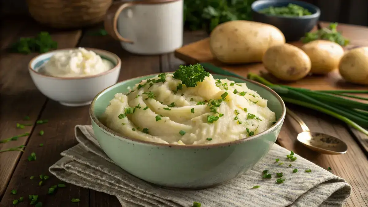 A bowl of vegan mashed potatoes garnished with chives and parsley on a wooden table.