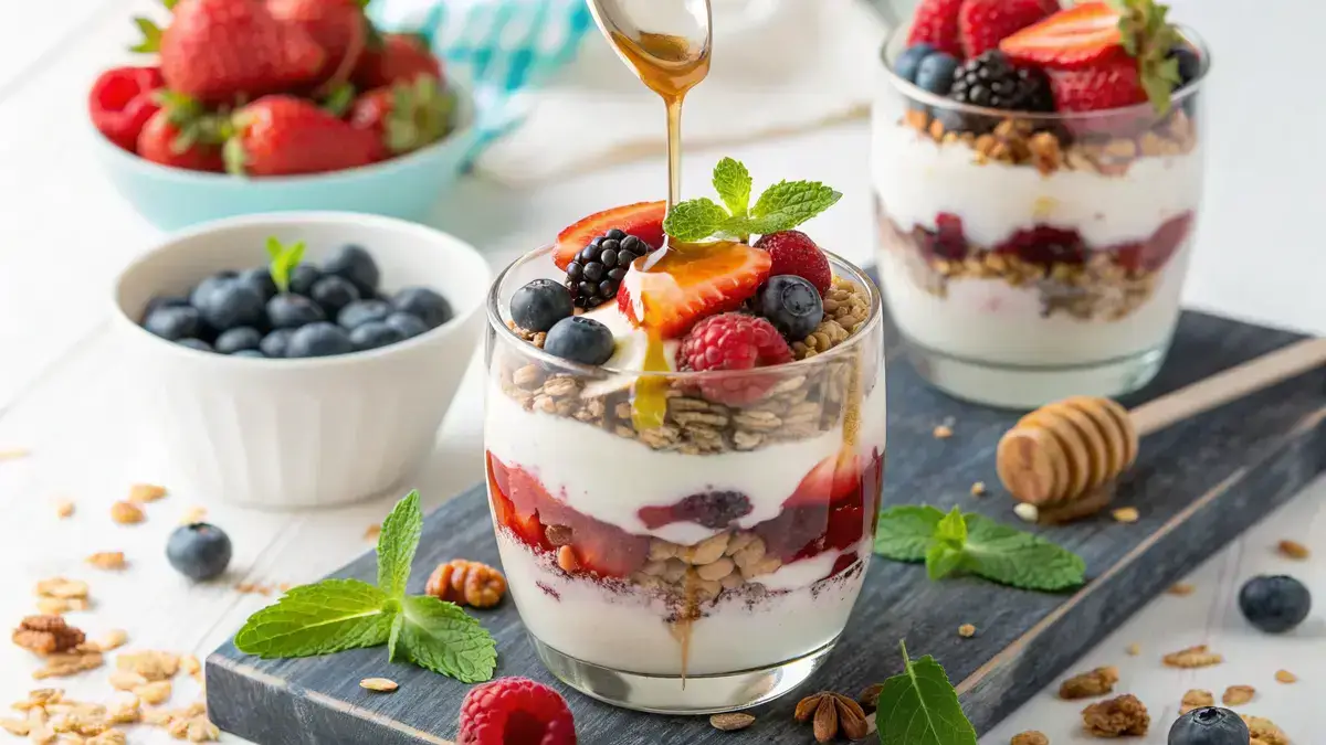Yogurt parfait with layers of Greek yogurt, granola, and mixed berries in a tall glass, garnished with mint leaves.