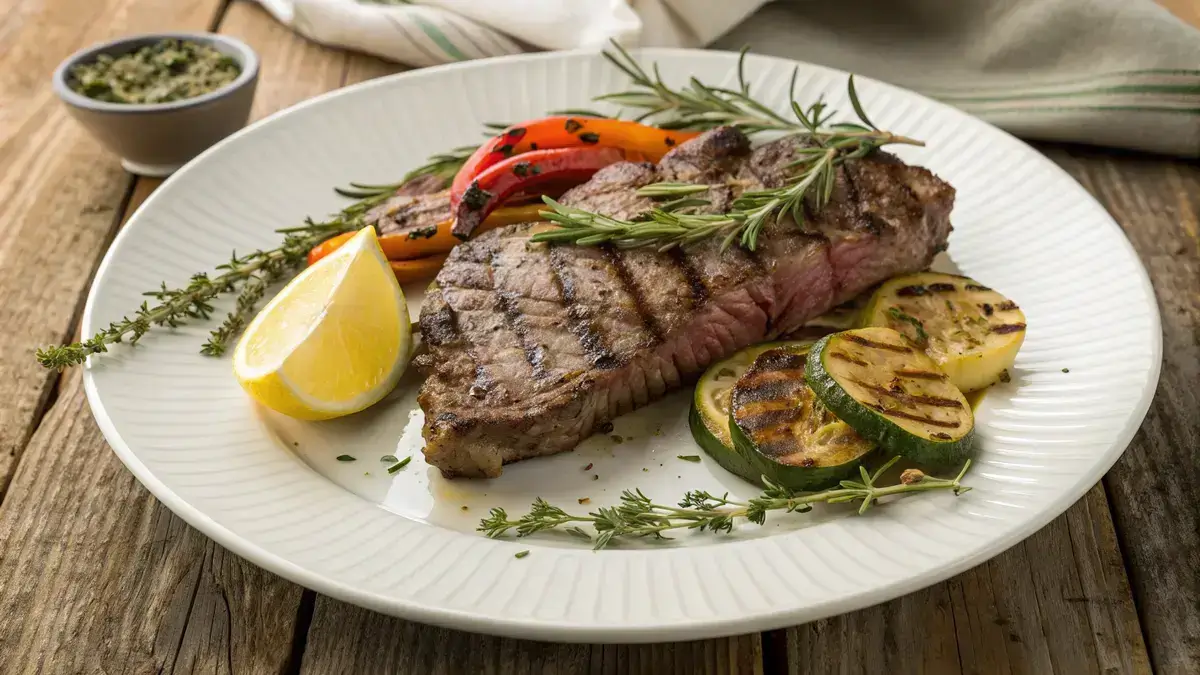 Juicy lamb leg steak marinated with herbs and served with grilled vegetables.