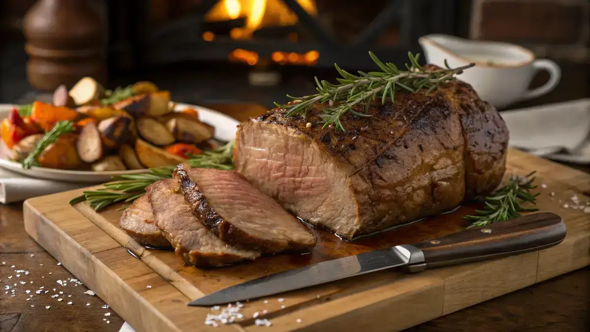 Perfectly roasted striploin roast on a cutting board with herbs and a carving knife.