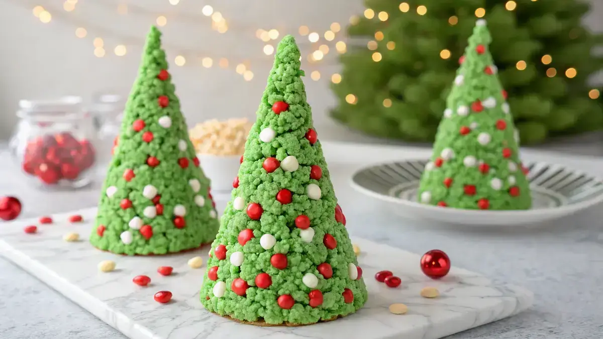 Colorful Rice Krispies Christmas trees decorated with candies on a festive background.