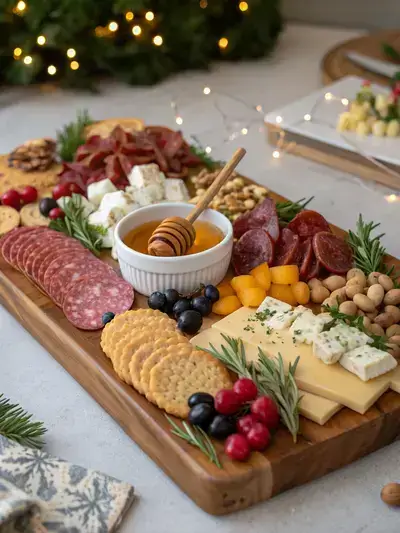 A vibrant Christmas charcuterie board showcasing a variety of meats, cheeses, fruits, nuts, and festive decorations.