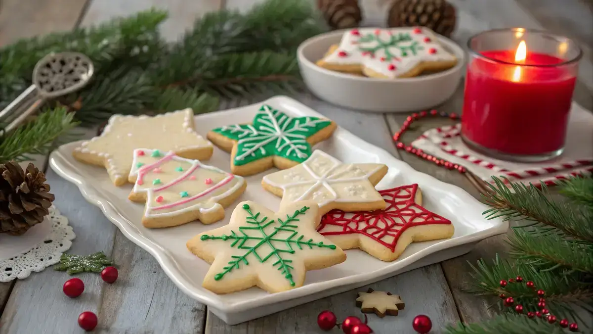 A variety of decorated Christmas Sugar cookies on a wooden table with holiday decorations.