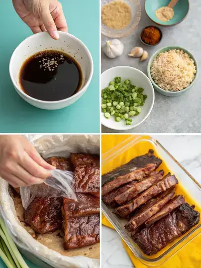 Four-panel visual of Korean BBQ meat preparation: blending marinade, coating short ribs, chilling under wrap, and grilling to caramelized perfection