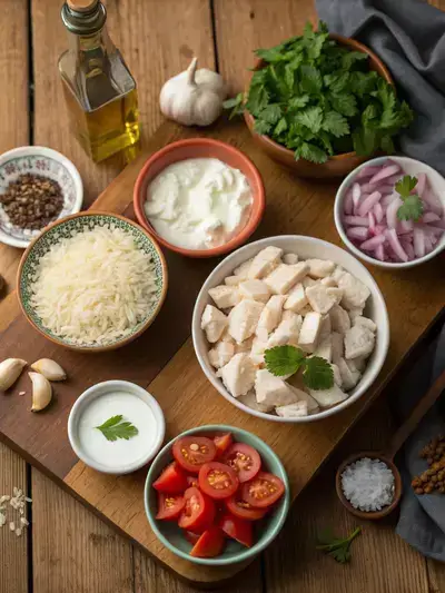 A variety of fresh ingredients for biryani displayed on a kitchen table.