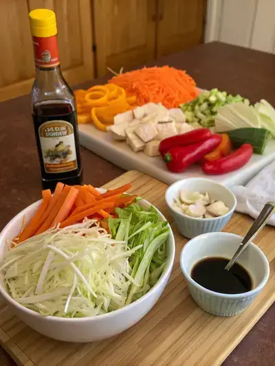 A colorful array of fresh ingredients for chop suey on a kitchen table.