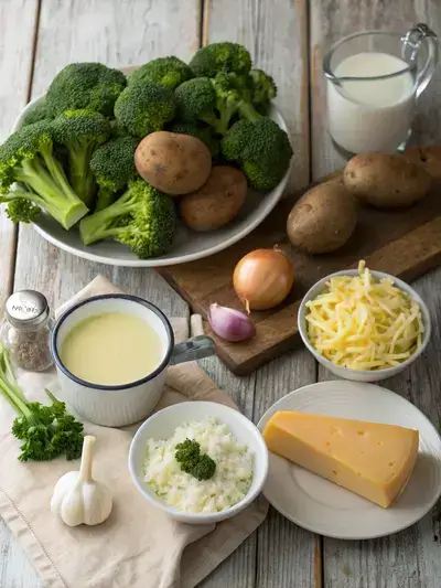 A variety of fresh ingredients for potato broccoli cheese soup displayed on a kitchen table.