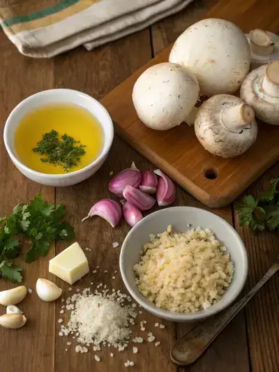 A collection of fresh ingredients for stuffed mushrooms on a kitchen table.