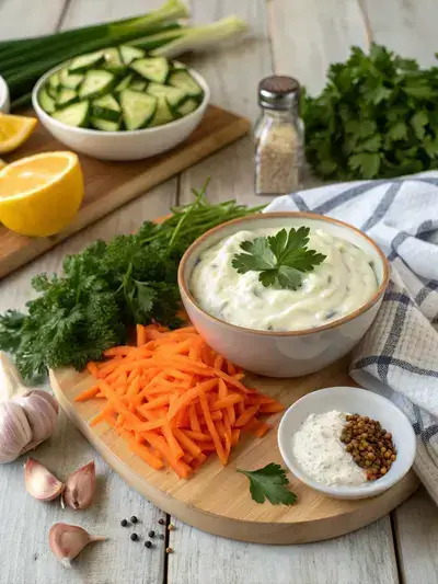 Ingredients for veggie yogurt dip displayed on a rustic kitchen table.