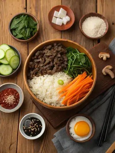 A colorful arrangement of bibimbowl ingredients including rice, beef, vegetables, and a fried egg on a kitchen table.