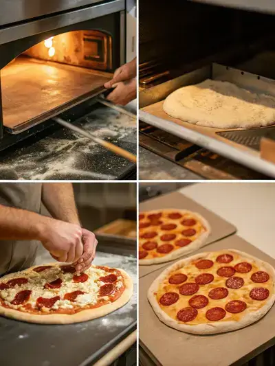 Four-part graphic illustrating mac's pizza preparation: first oven preheating, then dough rolling, next dough transfer to pan, finally adding sauce, cheese, and pepperoni.