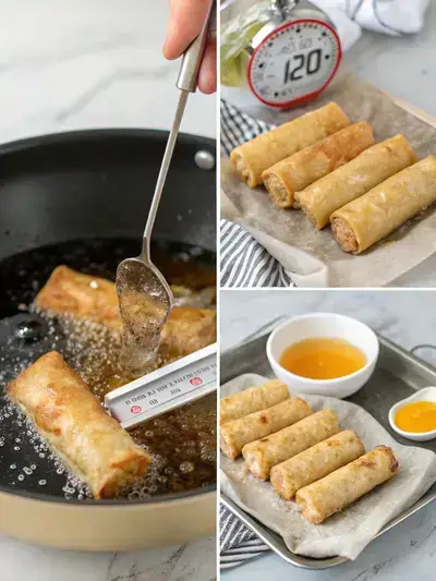 Four-step process of frying frozen egg rolls, showing heating oil, placing egg rolls in oil, frying until golden, and draining on paper towels.