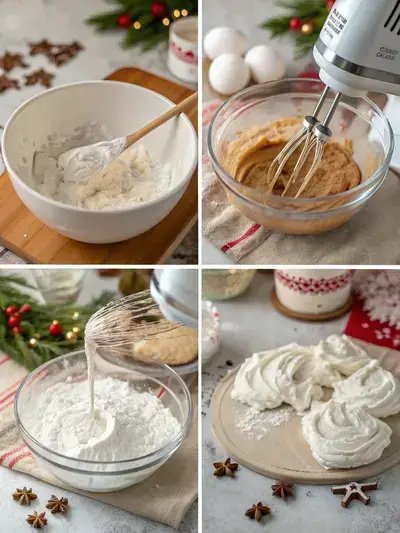 Step-by-step process of making gingerbread cookies royal icing, divided into four sections.