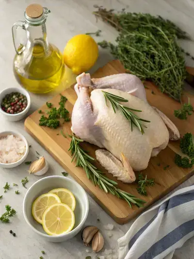 Whole chicken with fresh herbs and lemon on a kitchen table.