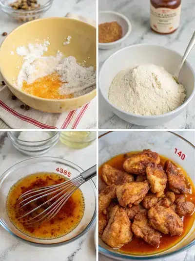 Step-by-step process of making honey hot chicken, including marinade, marinating chicken, preparing flour, and frying chicken.