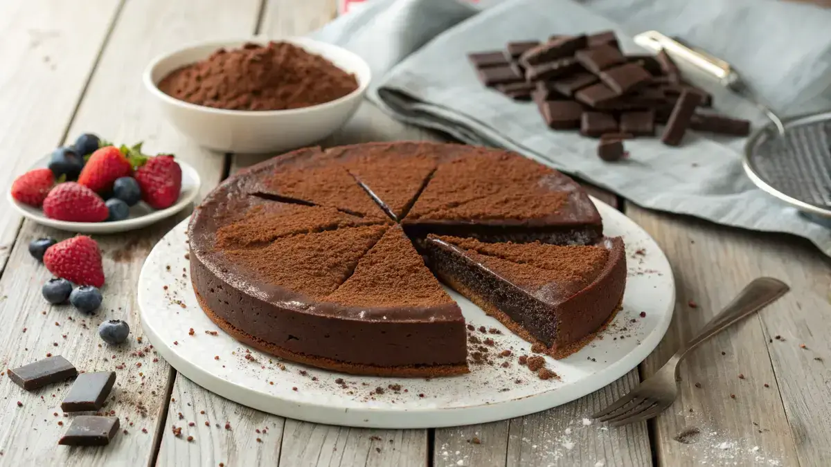 A decadent chocolate torte dusted with cocoa powder, served on a white plate with a slice removed to show its rich interior.