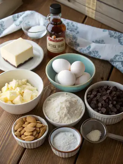 Ingredients for Almond Joy Cookies displayed on a kitchen table, including butter, sugars, eggs, flour, coconut, chocolate chips, and almonds.