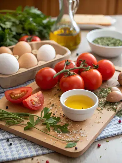 Ingredients for baked eggs and tomatoes displayed on a kitchen table.