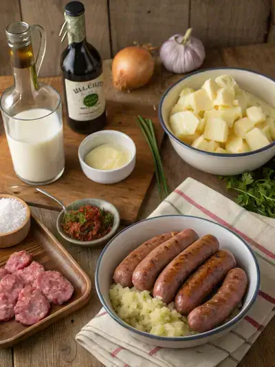 Ingredients for bangers and mash displayed on a kitchen table.