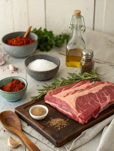 Ingredients for beef brisket flat displayed on a kitchen table, including spices and fresh herbs.