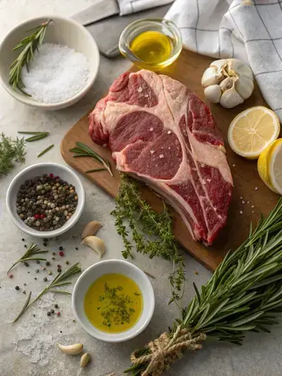 Fresh ingredients for butterflied lamb leg arranged on a kitchen table.