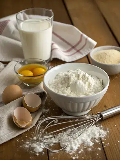 Ingredients for buttermilk pancakes displayed on a kitchen table, including pancake mix, milk, eggs, and melted butter.