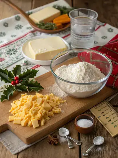 A kitchen table set with ingredients for making Christmas cheese crackers, including flour, butter, cheese, and spices.