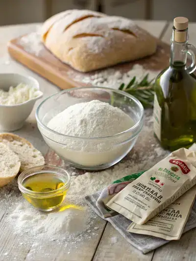 Ingredients for ciabatta bread displayed on a rustic kitchen table, including flour, salt, yeast, water, and olive oil.
