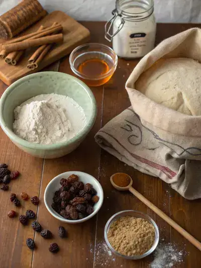 Ingredients for cinnamon raisin sourdough arranged on a kitchen table, including flour, raisins, and cinnamon.