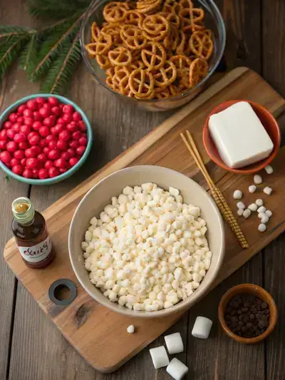 Ingredients for Reindeer rice krispies treats displayed on a kitchen table.