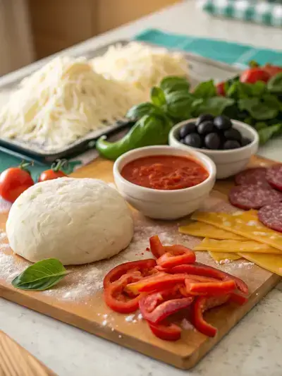 A colorful display of pizza ingredients including dough, sauce, cheese, and toppings.