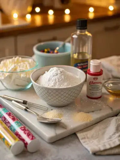 Ingredients for royal icing on a kitchen table.
