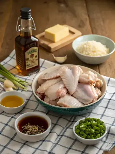 Ingredients for honey garlic wings displayed on a kitchen table.