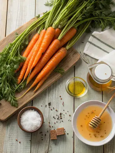 Fresh ingredients for honey glazed carrots displayed on a kitchen table, including carrots, honey, butter, salt, pepper, and water.