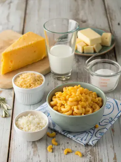 Ingredients for mac and cheese microwave recipe displayed on a kitchen table.