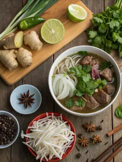 Ingredients for oxtail pho displayed on a kitchen table, including oxtail, herbs, and spices.