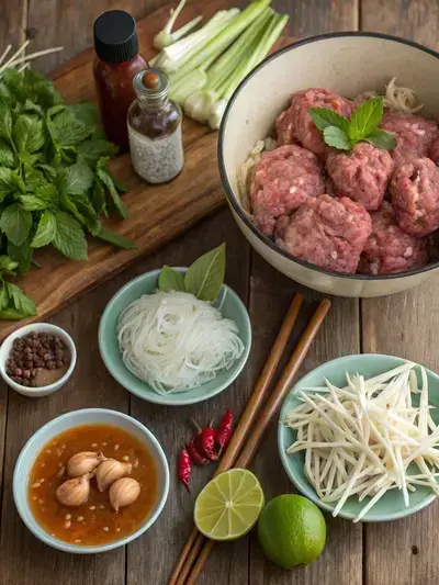 Ingredients for pho meatballs arranged on a kitchen table.