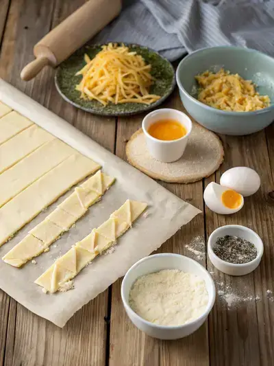 Ingredients for puff pastry cheese twists displayed on a kitchen table.